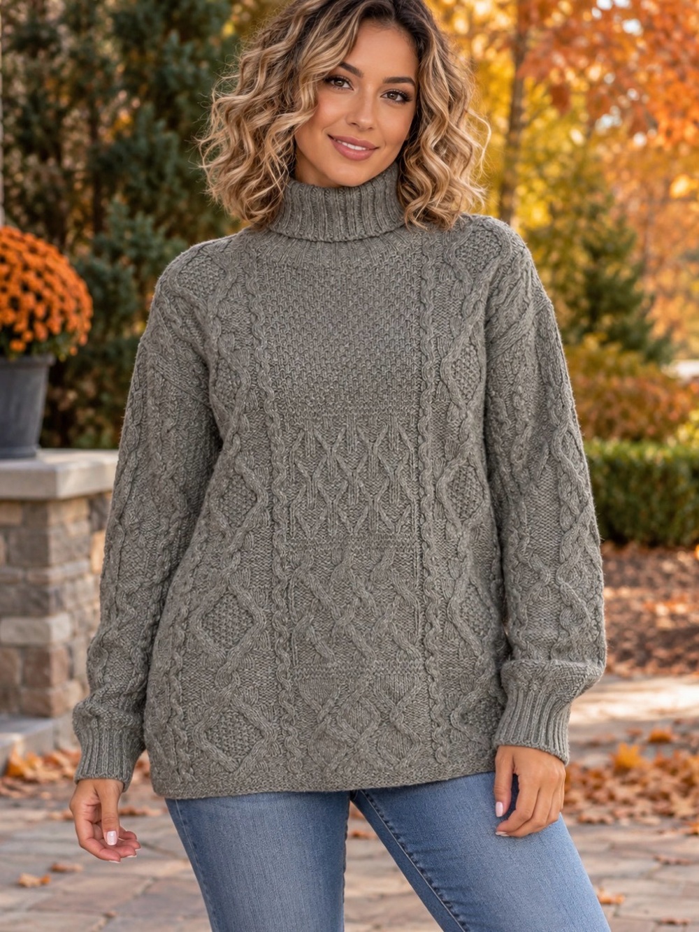 Garnet Hill Gray Wool Silk Cable Knit Turtleneck Sweater